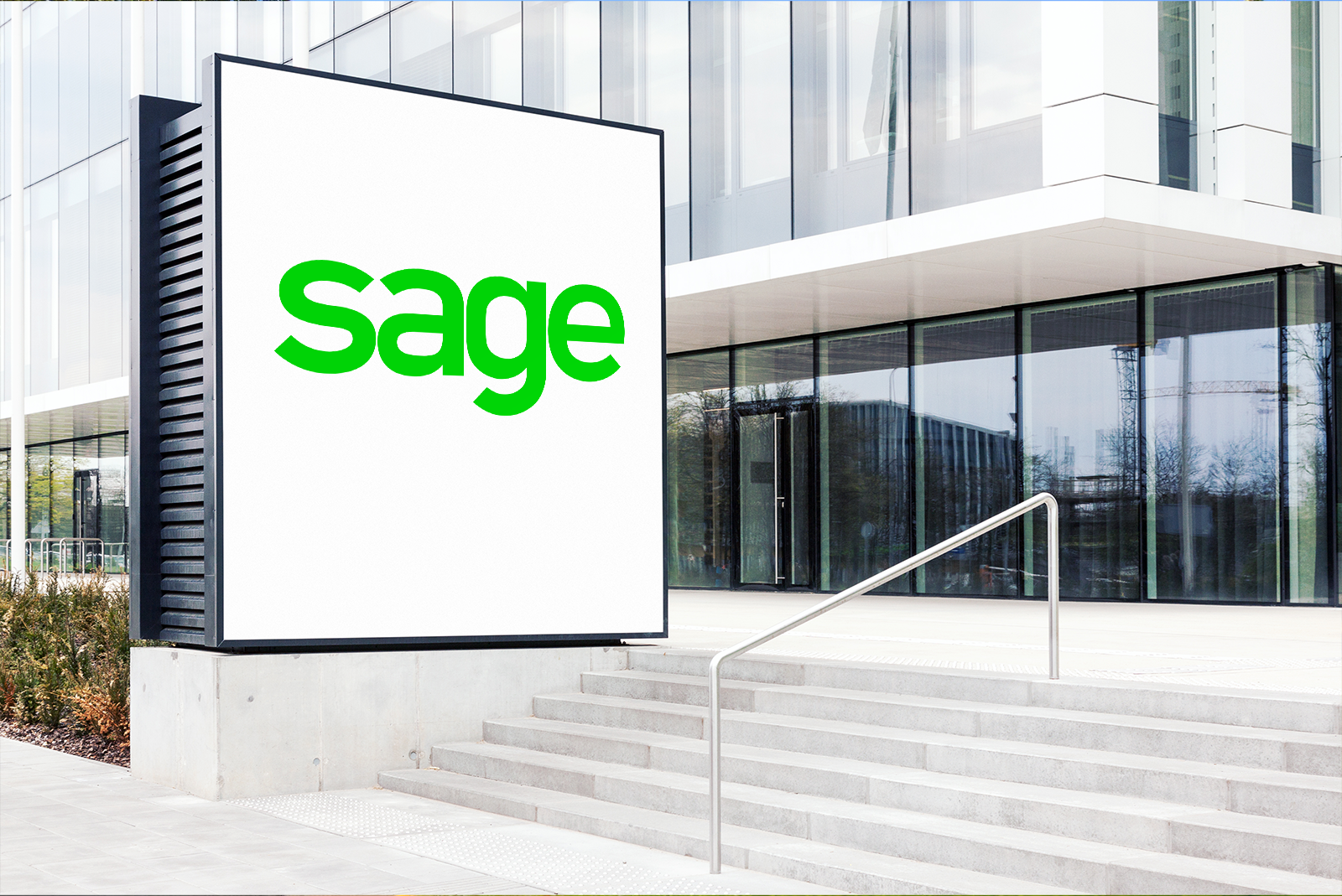 Sage logo on backdrop of company building