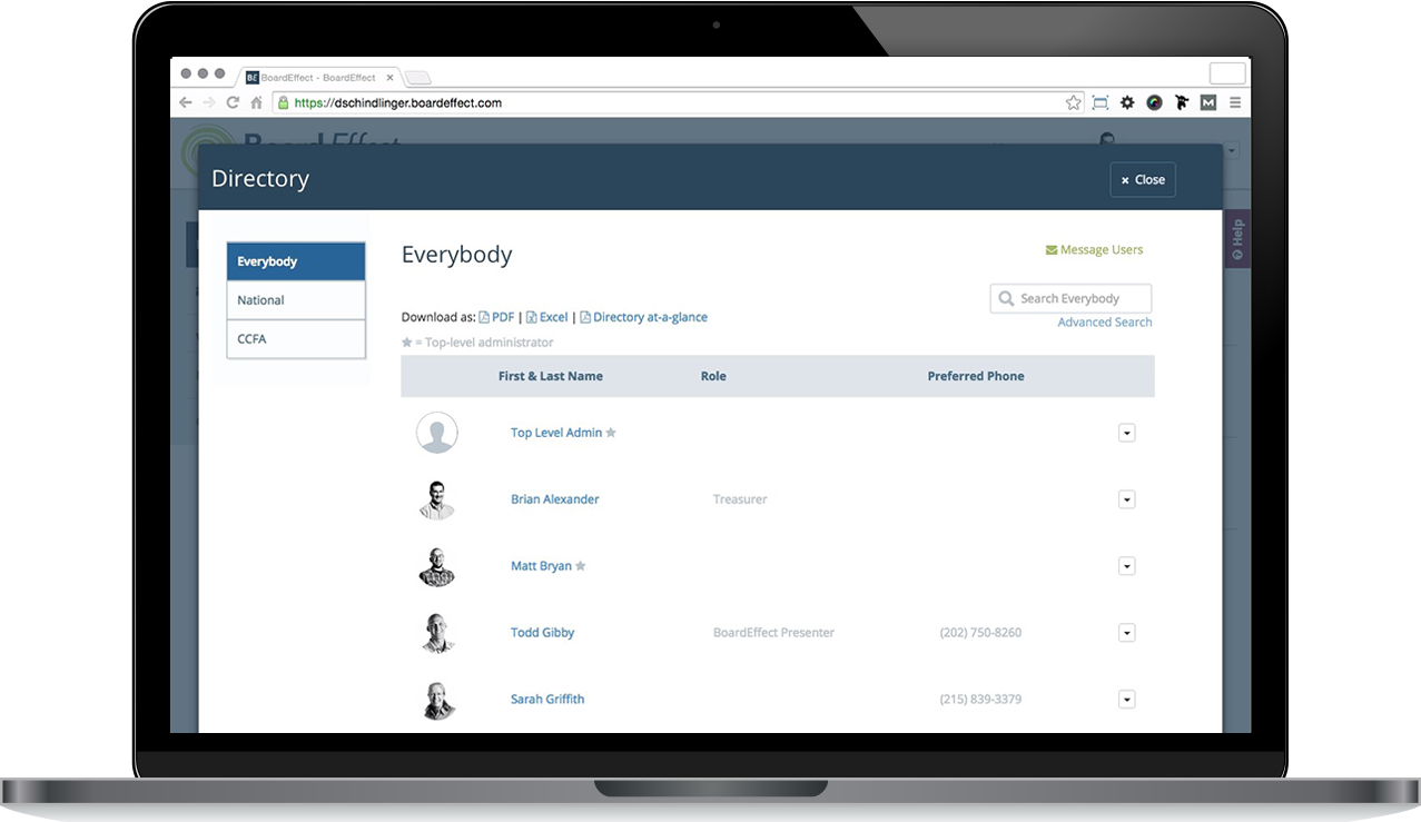 Screenshot of directory function within Boardeffect