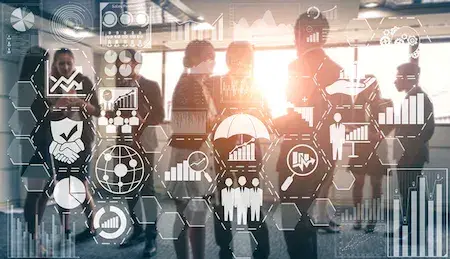 futuristic representation of honeycomb structured chart featuring various charts within each segment and other data illustrations. In the backdrop, there is a corporate office resembling a boardroom, depicting how to better track compliance, assess risk and present this to the board.