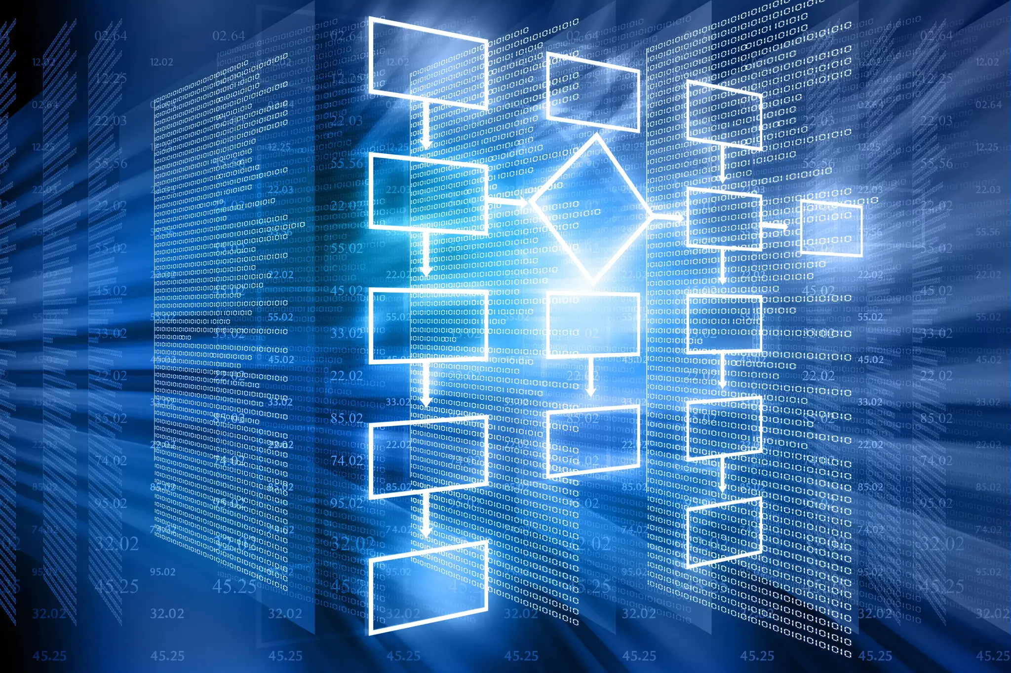 Hologram of white connected charts with light beaming from and behind it. In the backdrop are other holograms of mass data. This image represents the expansive nature of entity relationship diagramming along with best practices.