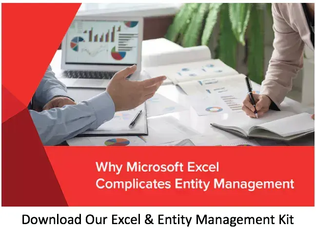 Ad reading "why Microsoft Excel complicates entity management. Download our excel and entity management kit"