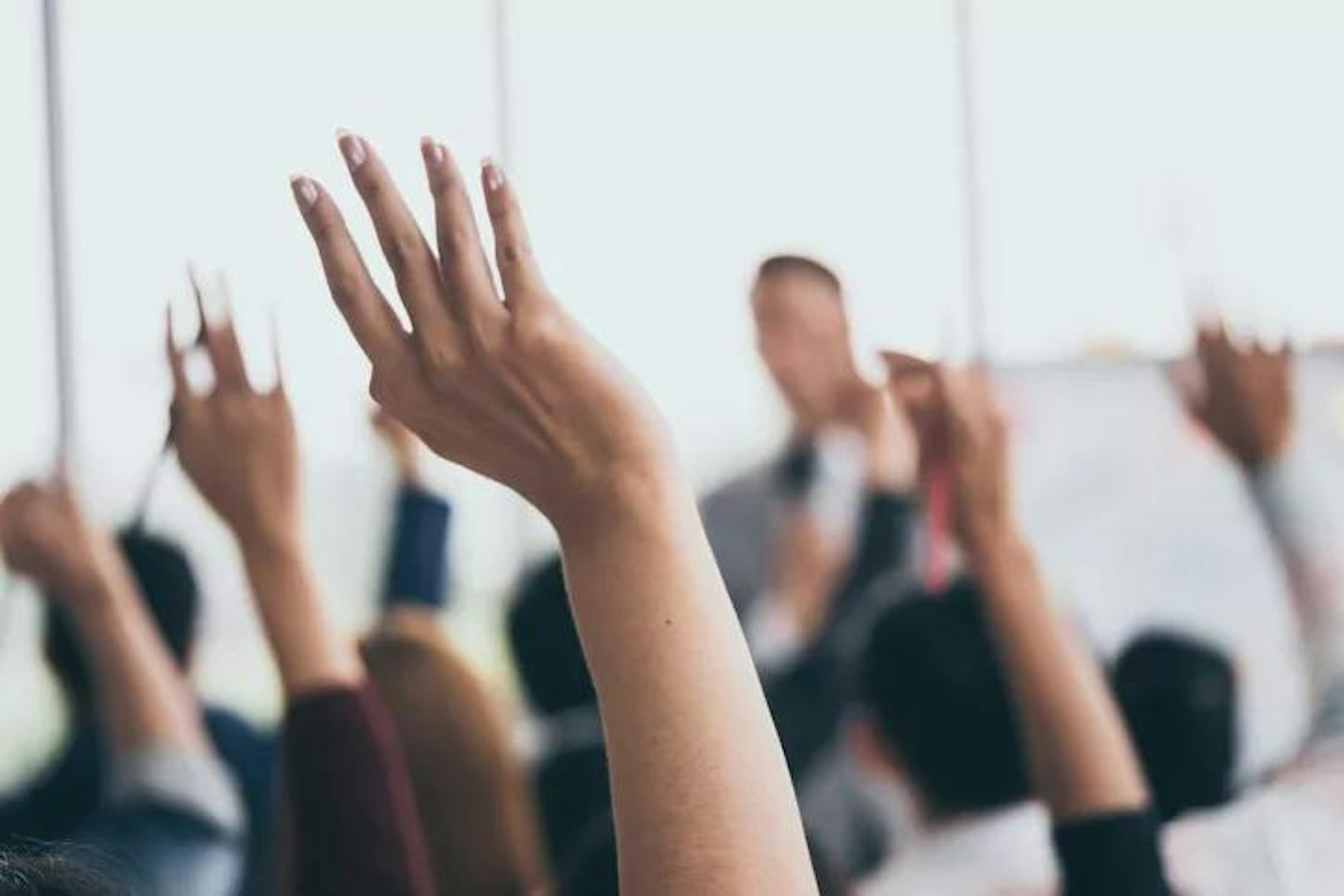 Members raise their hands during school board meeting 