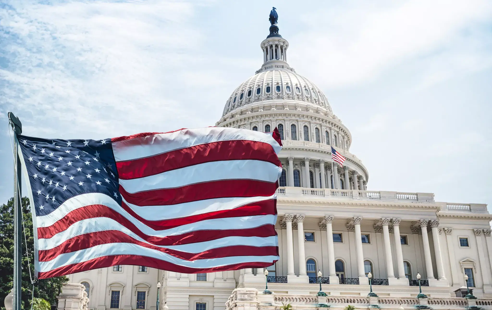 Government building and USA flag representing US government boards