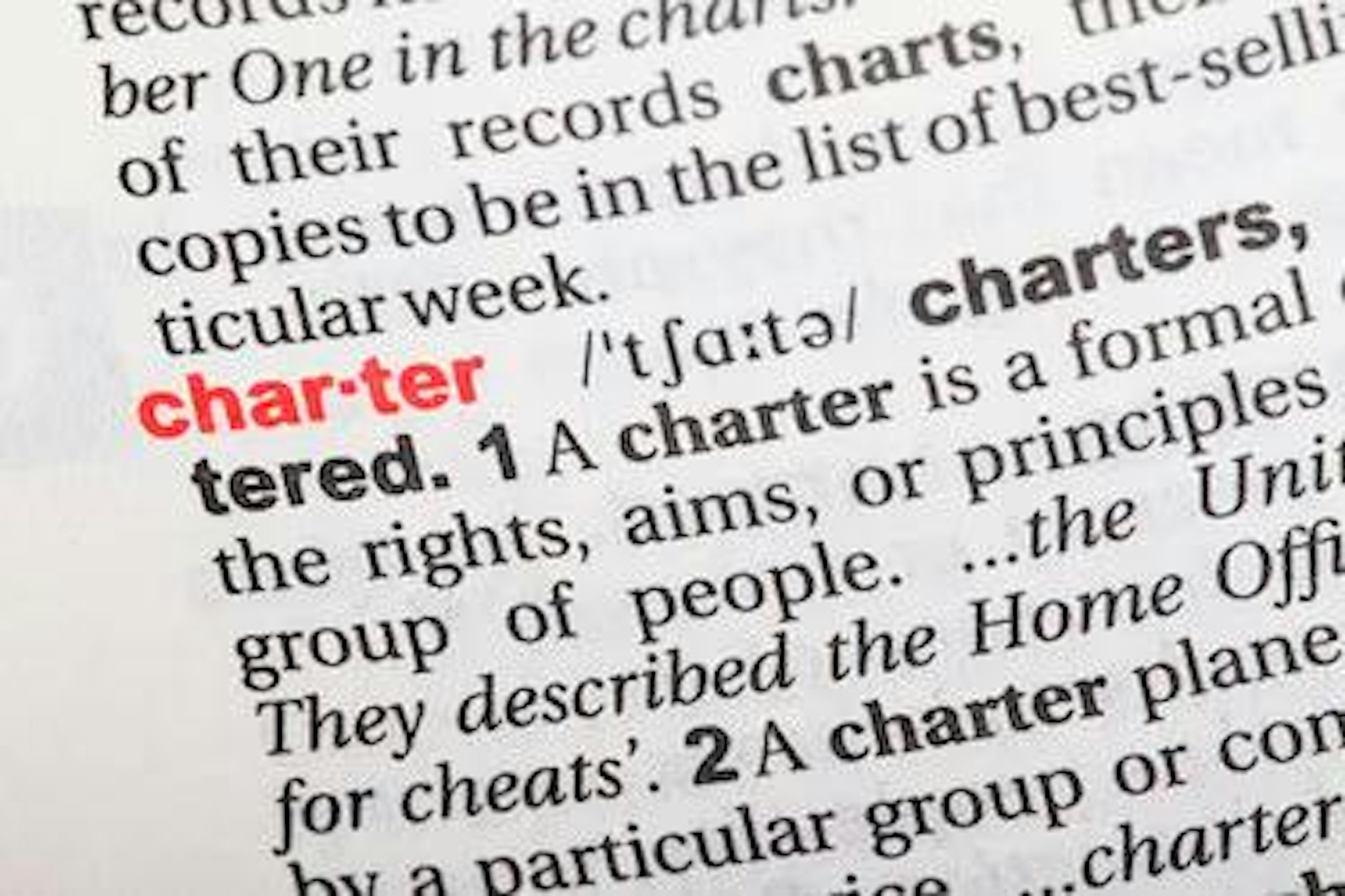 A dictionary definition of the word 'charter' which pertains to a board committee charter.