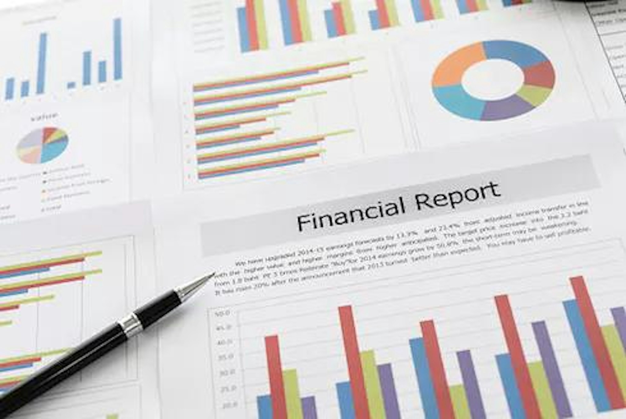 Financial reports displaying charts and the words "financial report" written on it, demonstrating the annual report.