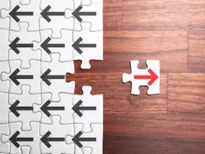 Puzzle pieces with black arrows facing one way with an empty space. The missing puzzle piece points the other direction fits the puzzle but has a red arrow that points the opposite direction. The image is illustrating board directors' conflict of interest policy.