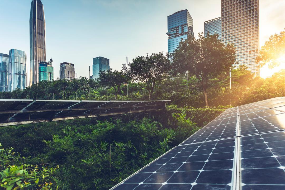 solar panels sustainably powering an office building