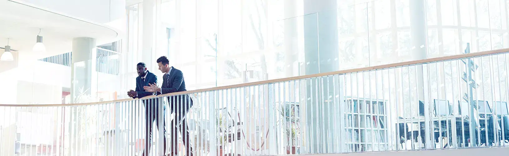 People discuss IRM and ESG over banister in well-lit office